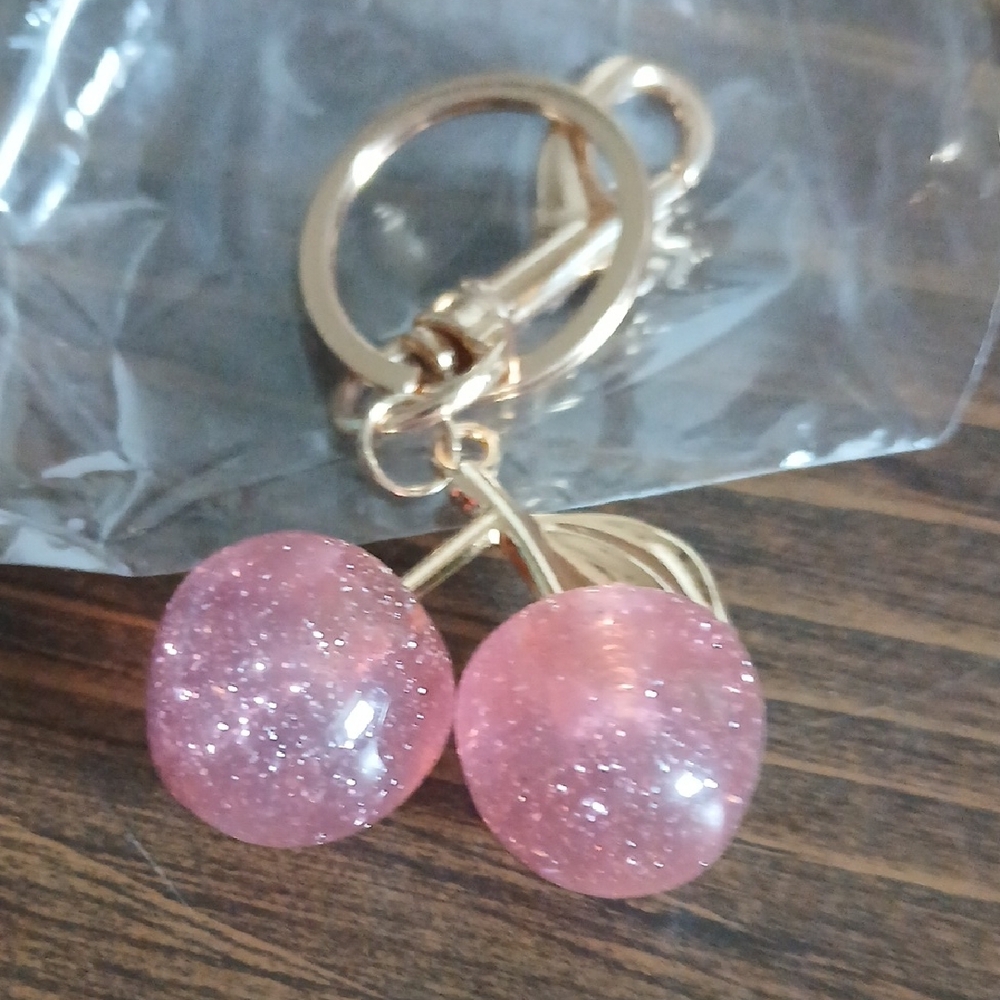 Pink Glitter Cherry Keychain Med Size Nwot Bag Charm